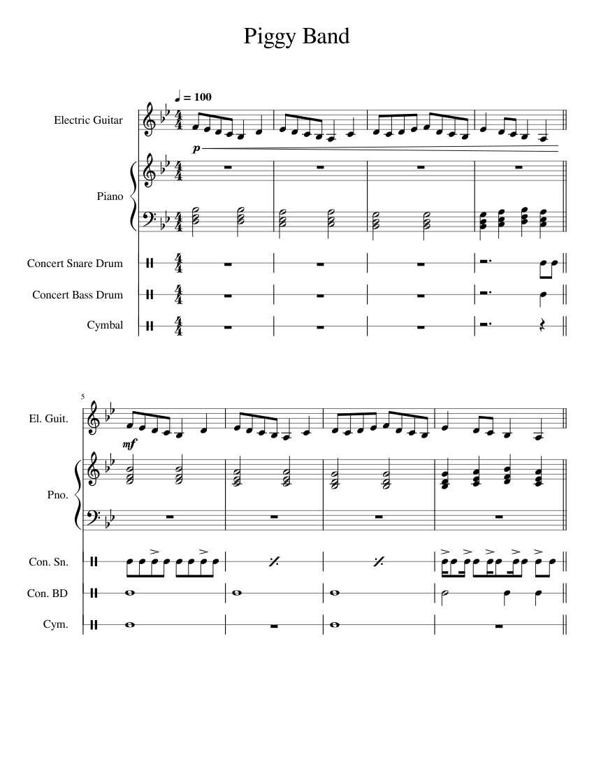 Piggyback Instrument Piggy Band - Song 3 Sheet Music for Piano, Snare drum, Crash, Guitar ...