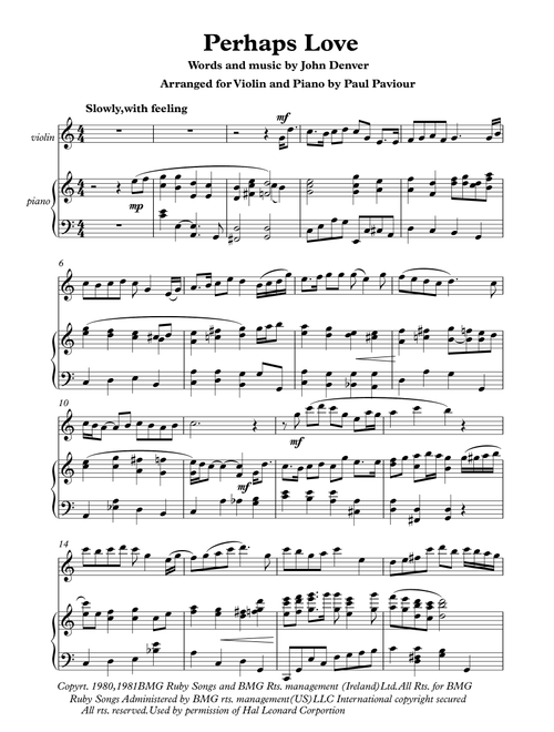 Perhaps Love (Arr. Paul Paviour) - John Denver and Placido Domingo (Violin and Piano)