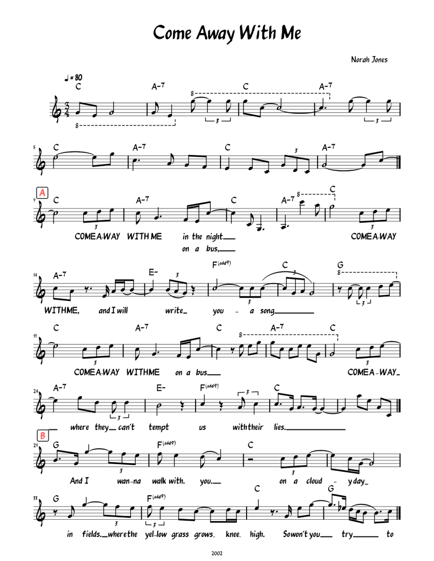 Come Away With Me (Lead sheet with lyrics ) Sheet music for Piano (Solo