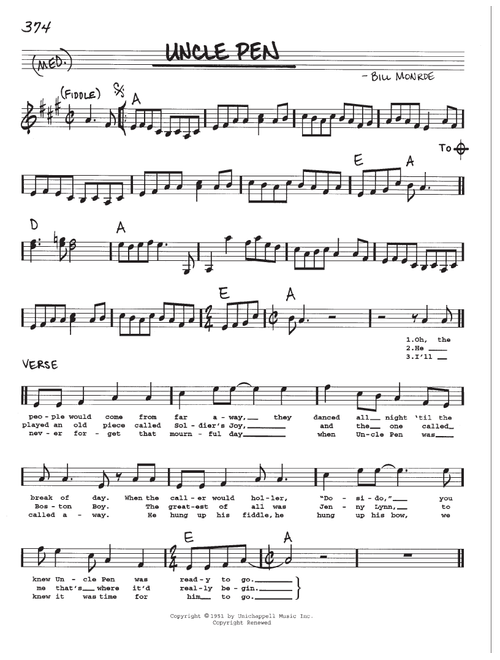 Uncle Pen - Bill Monroe, Ricky Skaggs (Real Book - Melody-Chords-Lyrics)