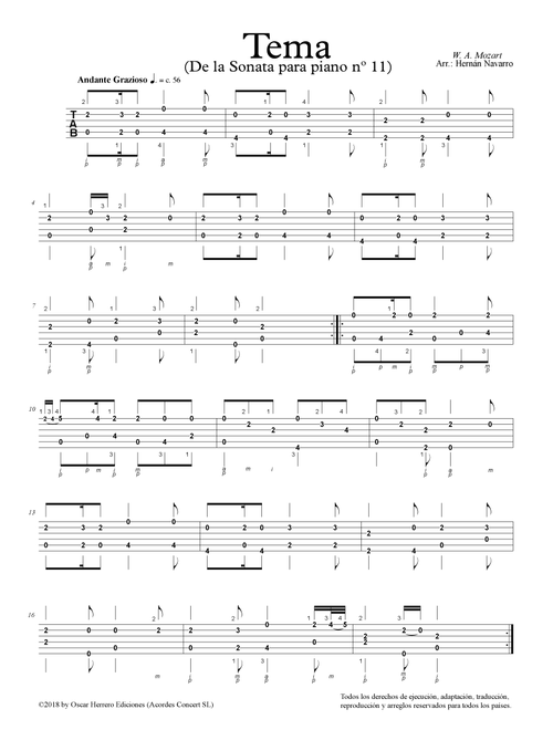 Theme (Piano´s sonata nº 11) (Arr. José Hernán Navarro Sánchez) (Guitar Tab)