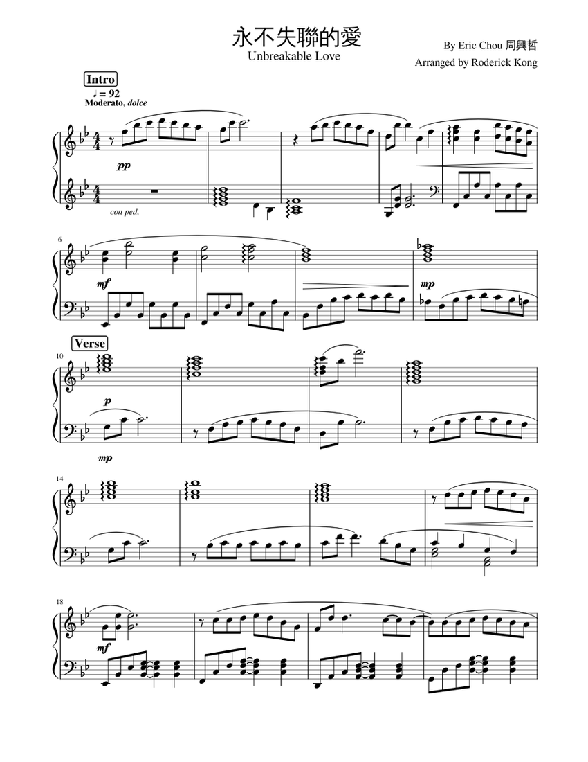 永不失聯的愛- Unbreakable Love Sheet Music for Piano (Solo