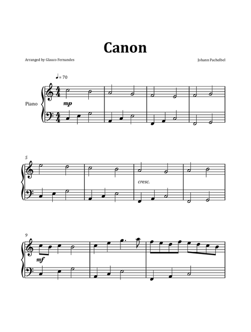 Canon by Pachelbel - Easy/Intermediate Piano Solo in C (Arr. Glauco Fernandes) - Johann Pachelbel (Easy Piano)
