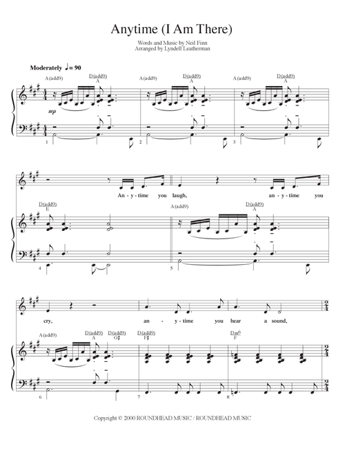 Anytime (Arr. Lyndell Leatherman) - Neil Finn (Piano-Vocal-Guitar (Piano Accompaniment))