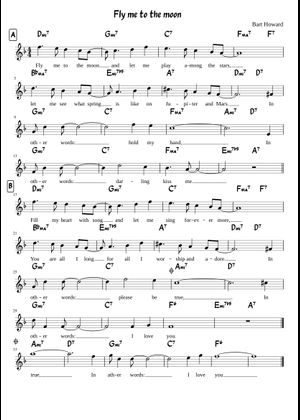 Fly me to the Moon Gmajor Sheet Music with Chords for Vocals (Solo