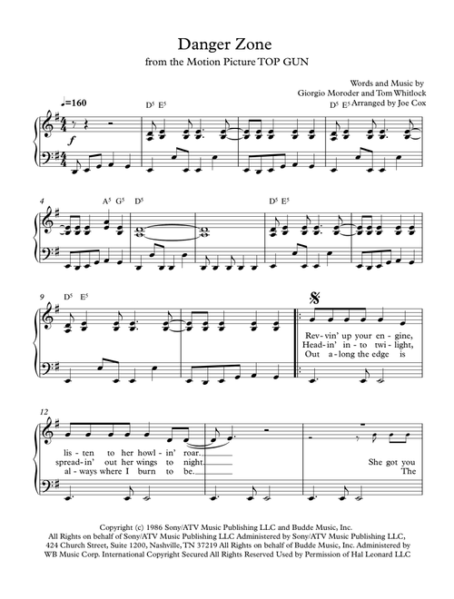 Danger Zone  from the Motion Picture TOP GUN (Arr. Joe Cox) - Kenny Loggins (Piano Vocal)