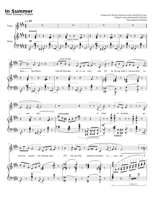 In Summer (Disney's Frozen) piano transcription