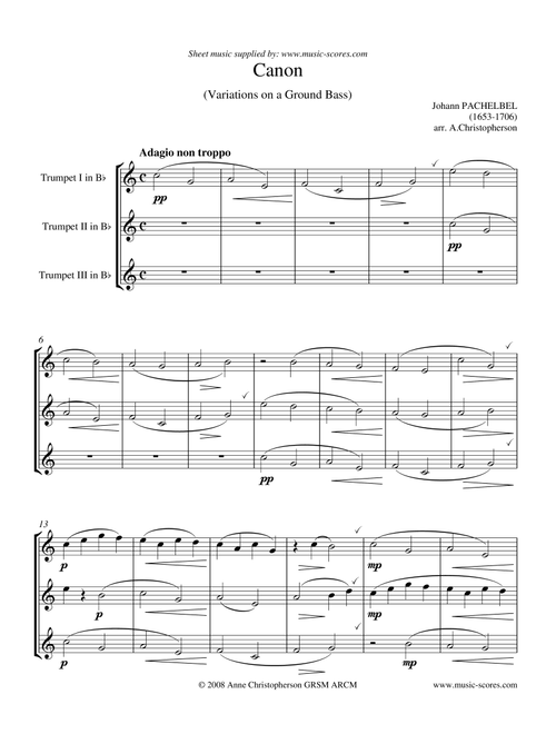 Pachelbel's Canon - 3 Trumpets - easy (Arr. Anne L Christopherson GRSM ARCM) - Pachelbel, Johann (Brass Ensemble)