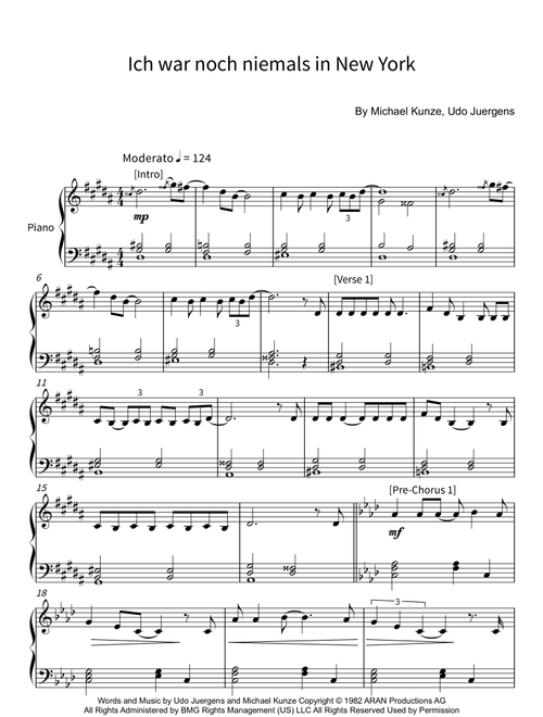 Ich War Noch Niemals In New York (Arr. soundnotation) - Michael Kunze, Udo Juergens (Piano Solo)