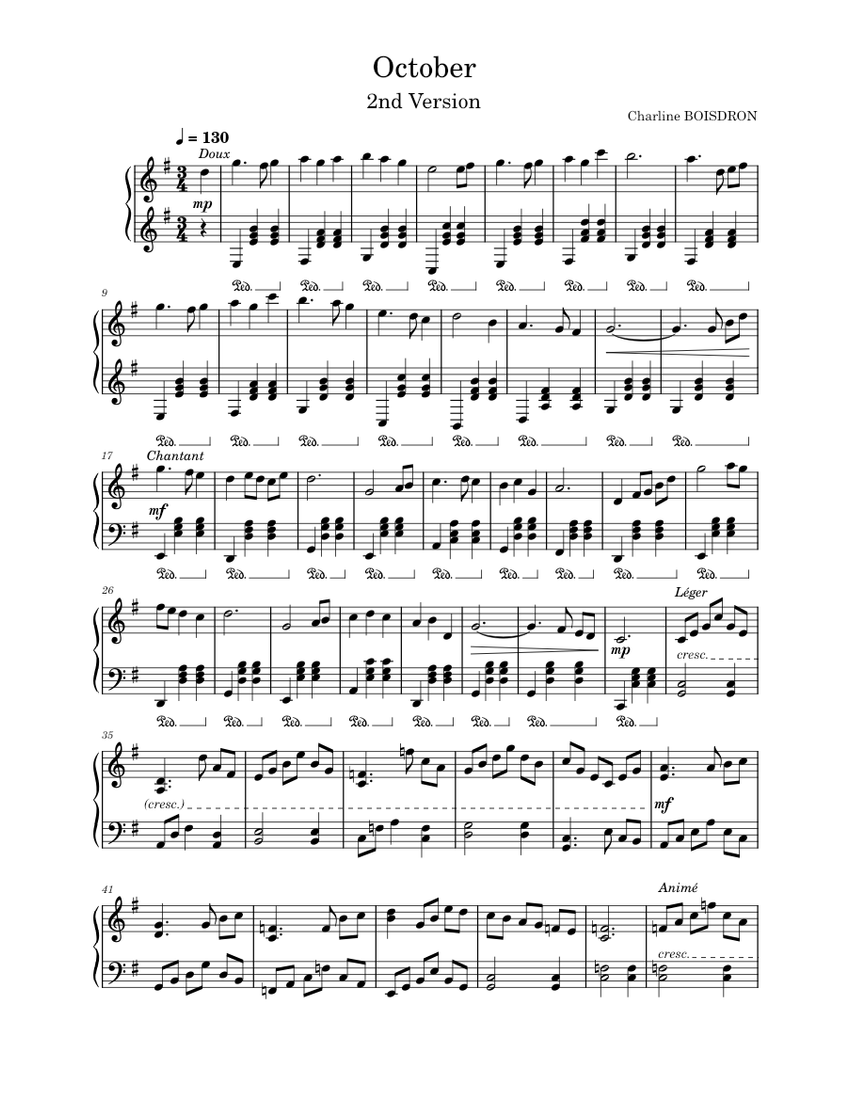 October Sheet Music For Piano Solo 