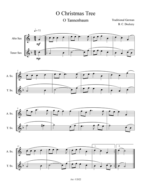 O Christmas Tree (O Tannenbaum) for Alto and Tenor Sax Duet (Arr. B. C. Dockery) - Traditional (Instrumental Duet)