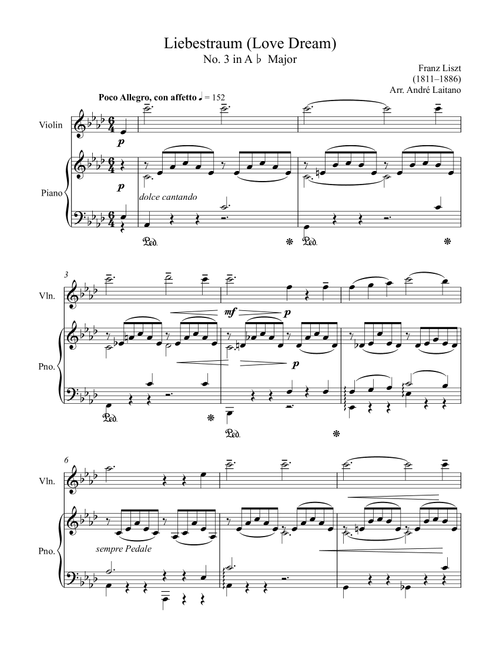Franz Liszt - Lieberstraum (Love Dream) - Violin Solo (Arr. André Laitano) (Violin and Piano)