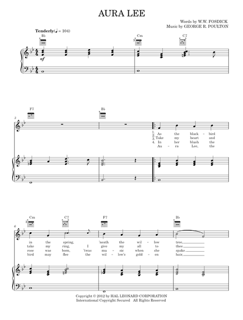 Aura Lee - George R. Poulton, W.W. Fosdick (Piano-Vocal-Guitar)
