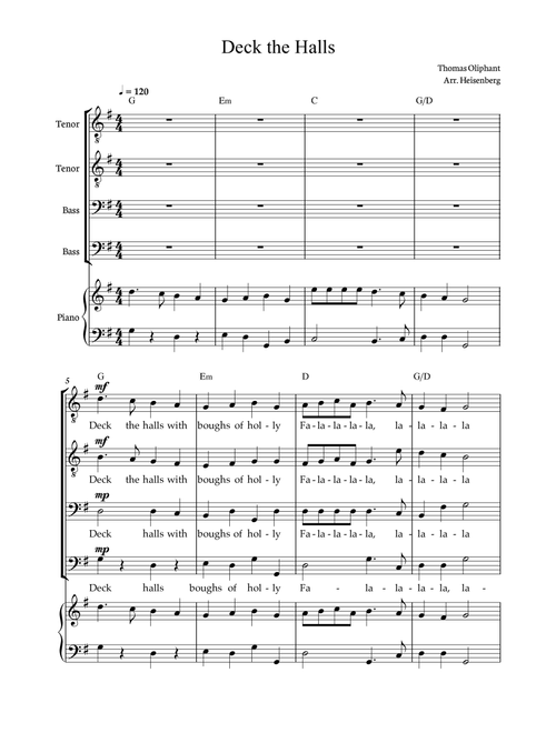Deck The Halls - Christmas Songs for choir TTBB with accompaniment. Score and parts included. (Arr. Heisenberg) - Thomas Oliphant (Choral, TTBB)