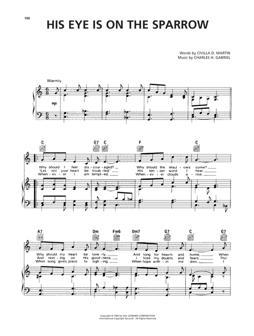 His Eye Is On The Sparrow - Charles H Gabriel, Civilla D Martin (Piano-Vocal-Guitar)