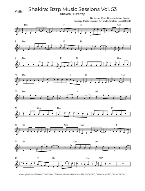 Shakira: Bzrp Music Sessions Vol. 53 (Arr. Alex Nunes Rodrigues) - Shakira / Bizarrap (Violin Solo)