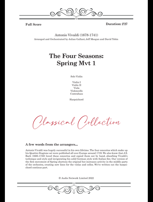 Four Seasons Spring Mvt 1 (Arr. David Tobin) - Antonio Vivaldi (Large Ensemble)