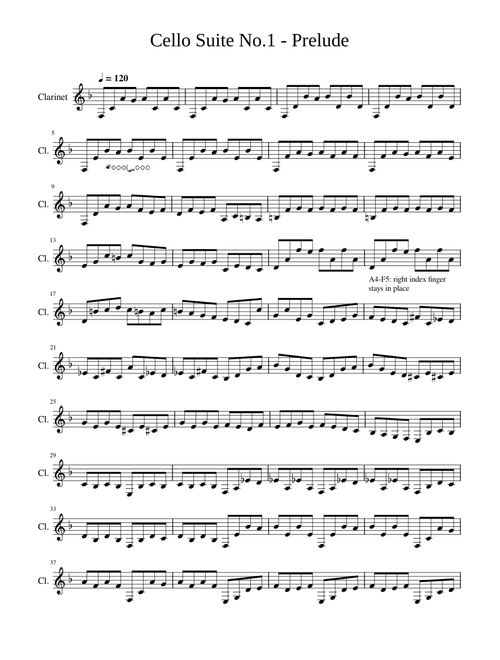 Cello suite No1 Prelude - Bach (for Clarinet in Bb in the key of Bb)