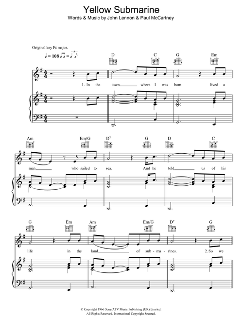 Yellow Submarine - The Beatles (Piano-Vocal-Guitar (Piano Accompaniment))
