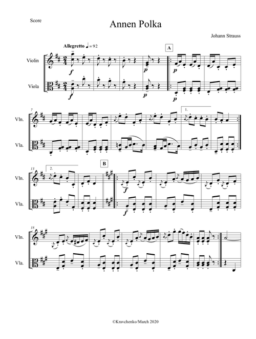 Johann Strauss II - Annen-Polka Op.117, for string duo (Arr. Julia Samarska) (Instrumental Duet)