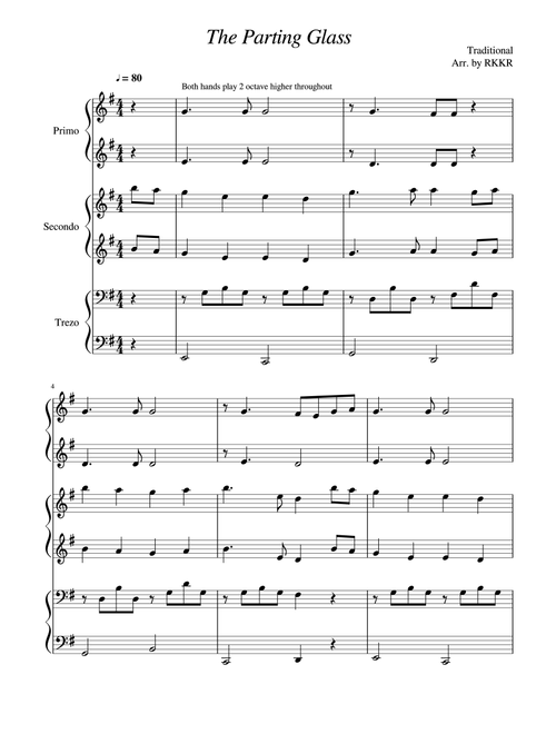 The Parting Glass (6 Hands Piano) (Arr. RKKR) - Traditional Song (Small Ensemble)