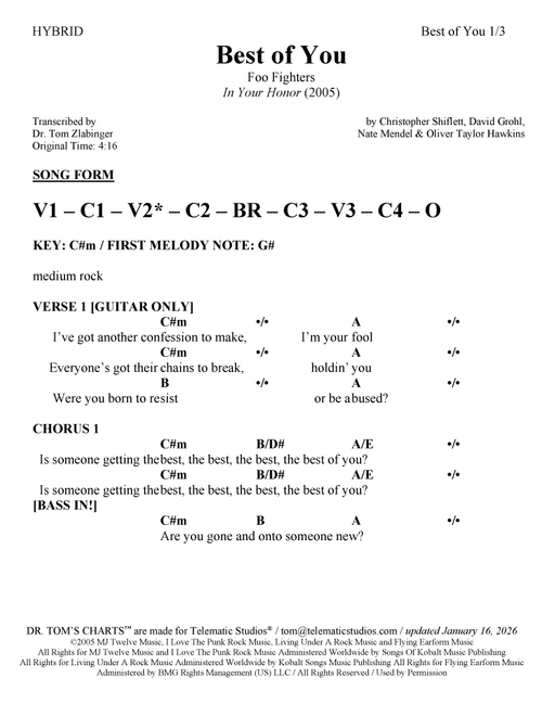 Best Of You (Arr. Dr. Tom Zlabinger / Telematic Studios / Dr. Tom's Charts) - Foo Fighters (Guitar Chords-Lyrics)