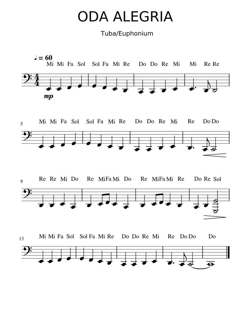 ODE TO JOY TUBA Sheet music for Piano Solo Easy Musescore