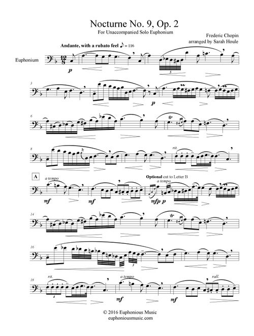 Nocturne Op. 9, No. 2 for Solo Unaccompanied Euphonium (Arr. Sarah Houle) - Frederic Chopin (Euphonium Solo)