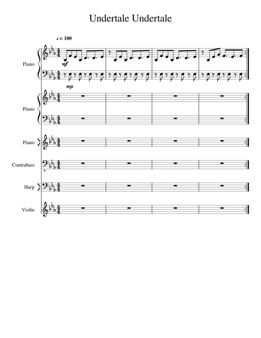Undertale, undertale Sheet music for Piano, Contrabass, Violin, Harp
