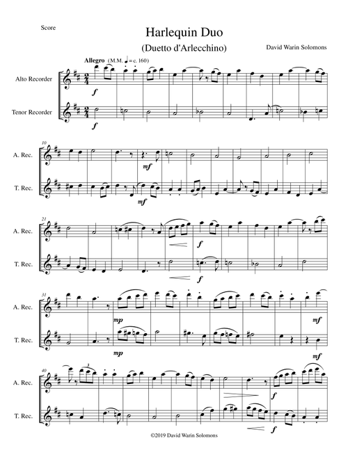 Harlequin Duo (Duetto d'Arlecchino) for alto and tenor recorders - David Warin Solomons (Instrumental Duet)