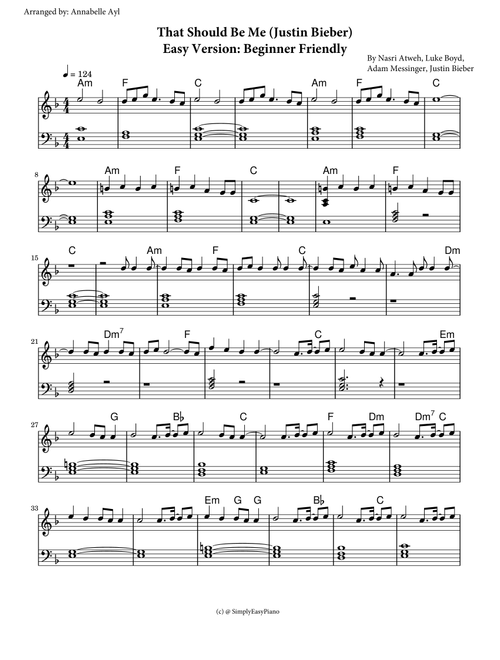 That Should Be Me (Arr. Annabelle Ayl) - Justin Bieber (Easy Piano)