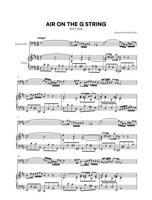 Johann Sebastian Bach - Air on the G String (for Cello and Piano) (Arr. Cadenza Editions) (Cello and Piano)