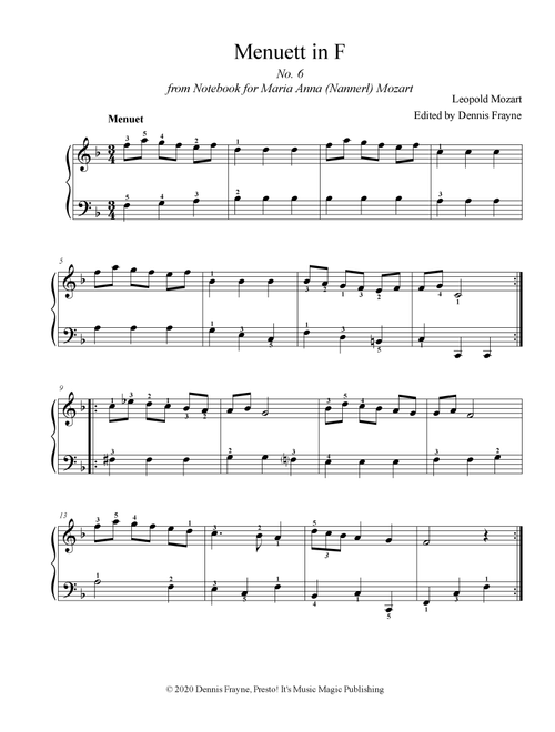 Menuett in F, No. 6 from Notebook for Maria Anna (Nannerl) Mozart (Arr. Dennis Frayne) - Leopold Mozart (Piano Solo)