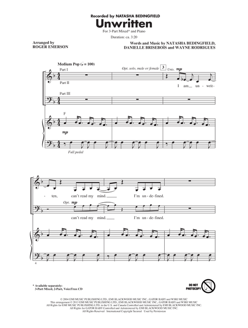 Unwritten (arr. Roger Emerson) - Natasha Bedingfield (Choral, 3-Part Mixed)