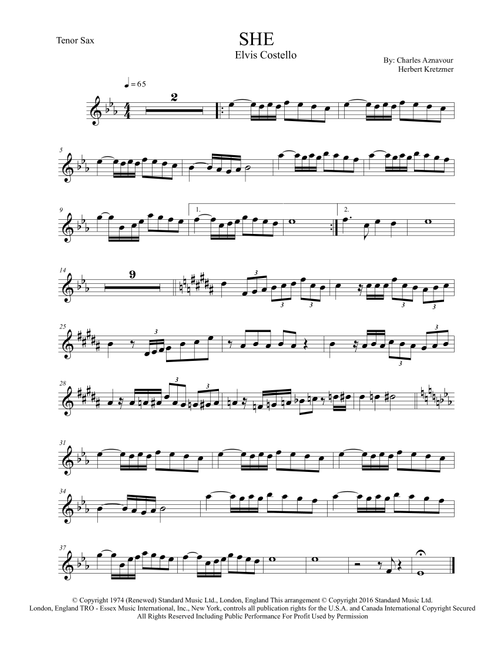 She (Arr. Leo Silva) - Elvis Costello (Tenor Sax Solo)