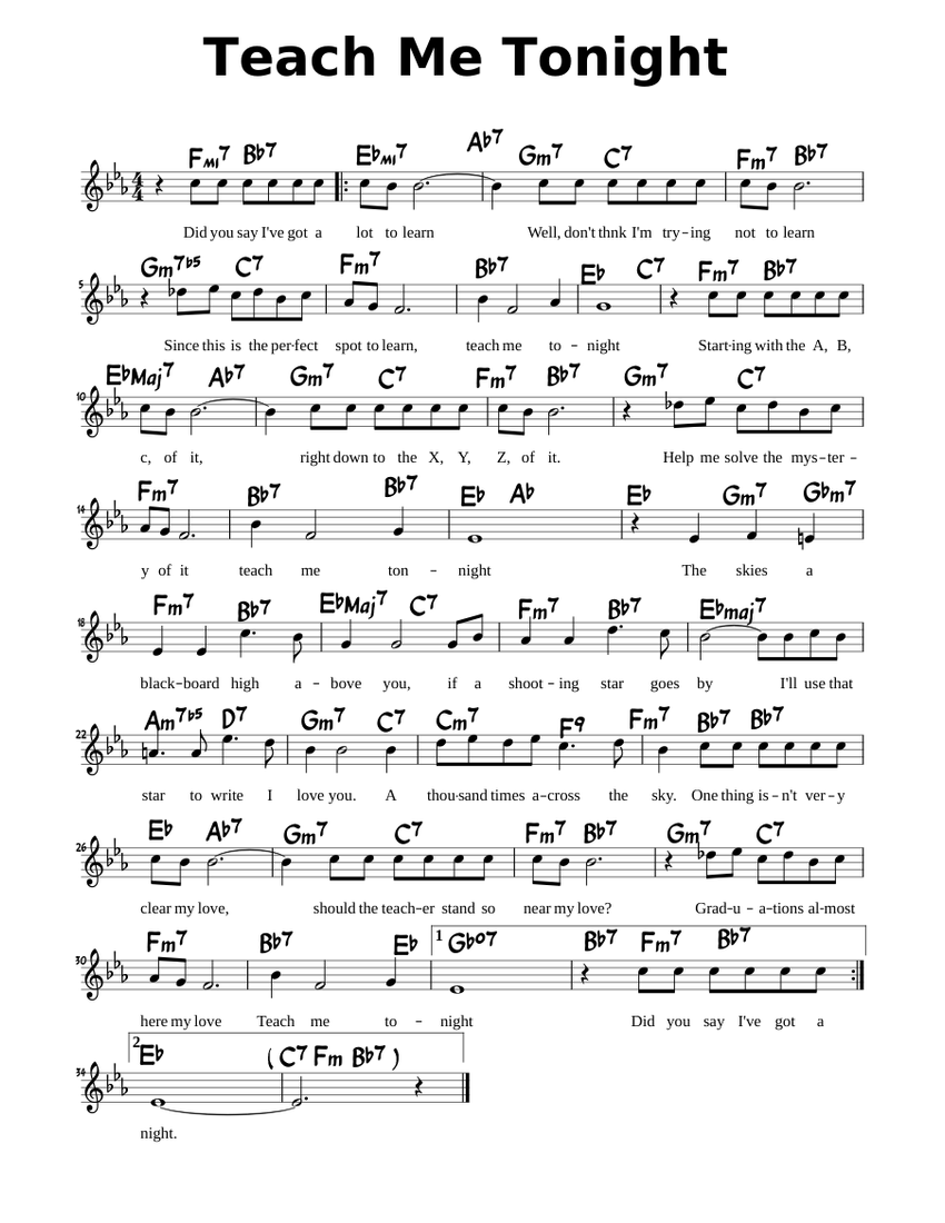 Teach Me Tonight Sheet Music with Chords for Vocals (Solo