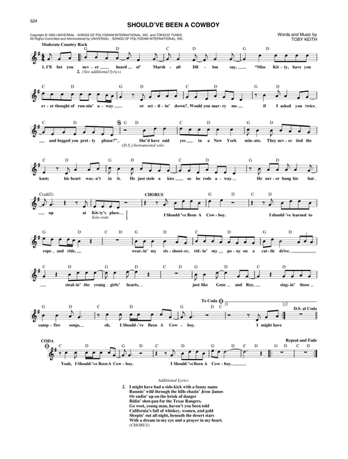 Should've Been A Cowboy - Toby Keith (Lead Sheet - Fake Book)