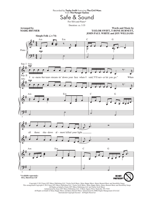 Safe & Sound (feat. The Civil Wars) (from The Hunger Games) (arr. Mark Brymer) - Taylor Swift (Choral, SSA)