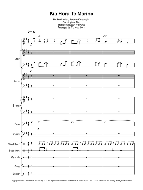 Kia Hora Te Marino (Arr. Tunescribers) - Ben Mullon, Christopher Tin, Jerome Kavanagh (Large Ensemble)