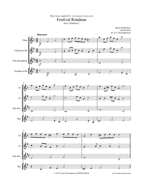 Festival Rondeau from Abdelazer - Flute, Clarinet, Alto Sax & Trumpet (Arr. Anne Christopherson GRSM ARCM) - Purcell, Henry (Small Ensemble)
