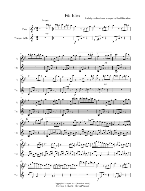 Fur Elise for Flute and Trumpet Duet (Arr. David Burndrett) - Ludwig Van Beethoven (Instrumental Duet)