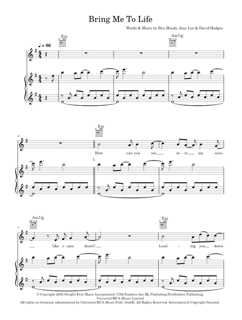 Bring me to life - Evanescence (Piano-Vocal-Guitar (Piano Accompaniment))