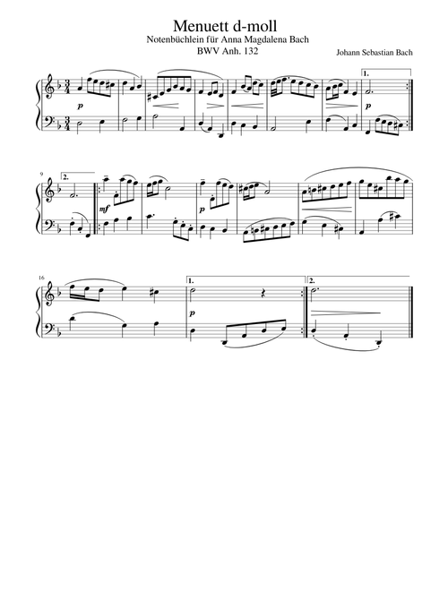 Johann Sebastian Bach - Menuett d-moll - Notenbüchlein für Anna Magdalena Bach - BWV Anh. 132