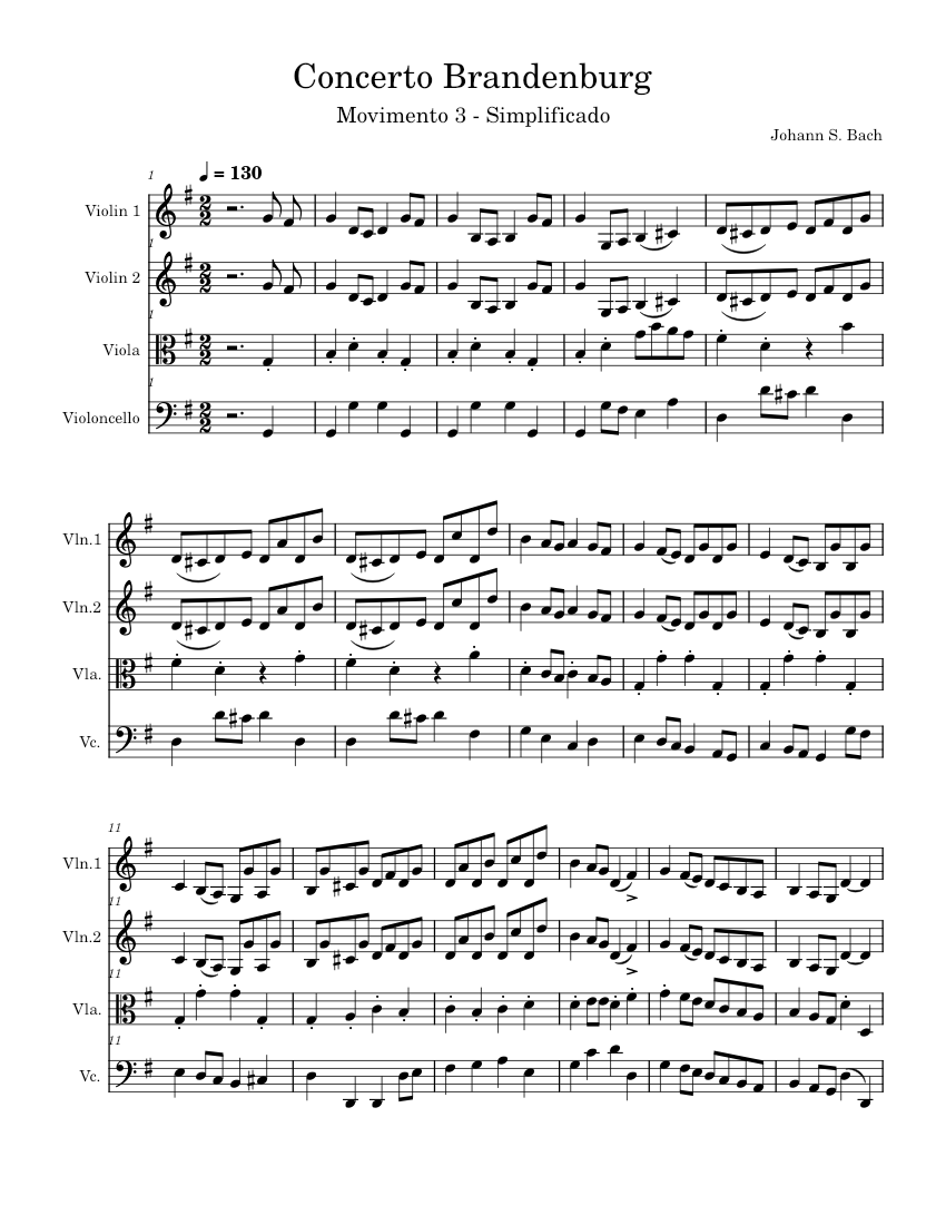 Brandenburg Concerto No.3 in G major Simplified Sheet music for