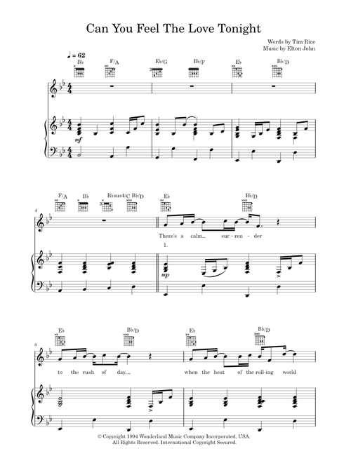 Can You Feel The Love Tonight - Elton John, The Lion King (Piano-Vocal-Guitar (Piano Accompaniment))