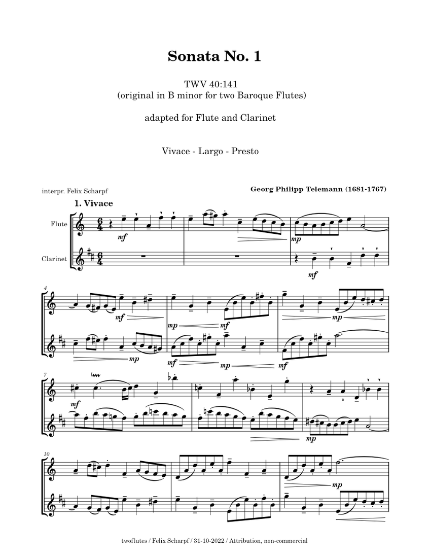 Sonata No. 1, TWV 40141 Philipp Telemann adapted for Flute