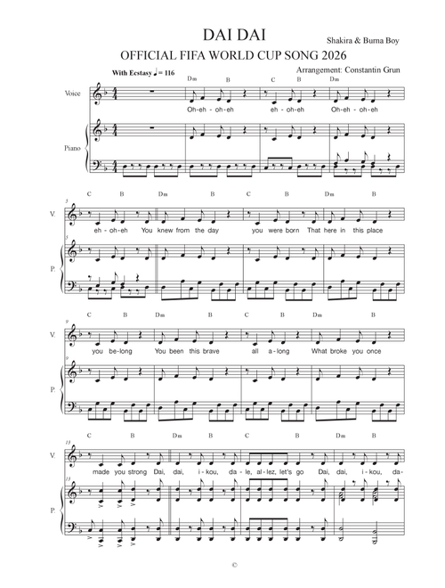 Dai Dai (Arr. Constantin Grun) - Shakira & Burna Boy (Piano-Vocal-Guitar (Piano Accompaniment))