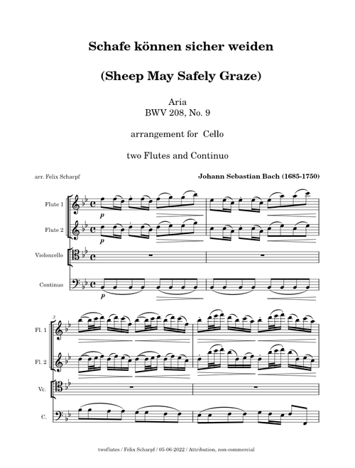 Sheep May Safely Graze, BWV 208 - J. S. Bach - arr. for Cello, 2 Flutes and Continuo