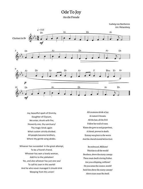 Beethoven - Ode to Joy for clarinet with chords in Db major. (Arr. Heisenberg) (Clarinet Solo)