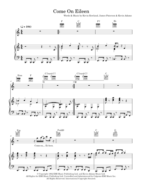 Come On Eileen - Dexy's Midnight Runners (Piano-Vocal-Guitar (Piano Accompaniment))